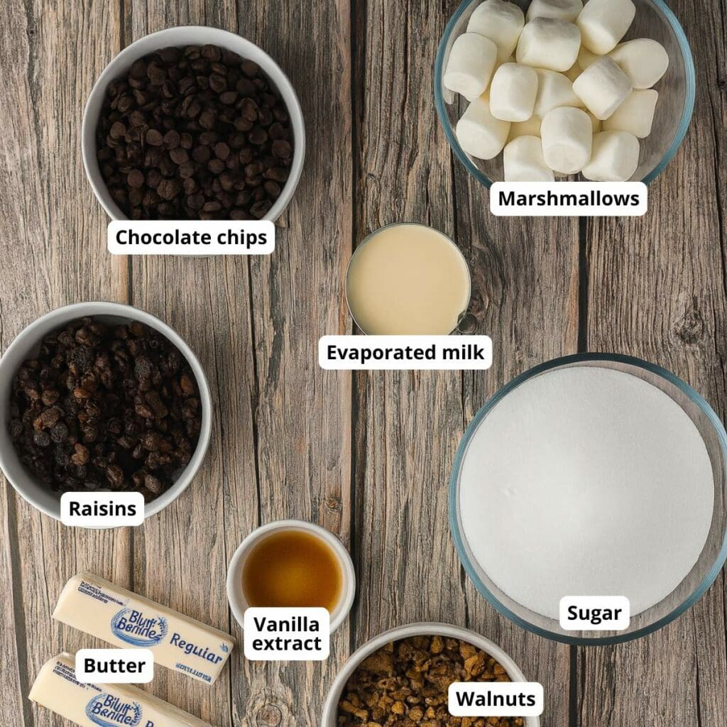 Chocolate chips, marshmallows, evaporated milk, raisins, sugar, butter, vanilla extract, and walnuts in separate bowls.