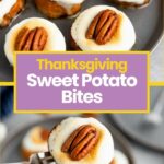 Mini sweet potato bites topped with toasted marshmallow and a pecan half, displayed on a tray and held with a fork.