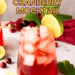 A glass of cranberry mocktail with ice, garnished with lime slices, mint leaves, and cranberries on a marble surface.