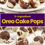 Plate of Oreo cake pops coated in white chocolate and chocolate sprinkles, each with a toothpick, shown up close on a white plate.