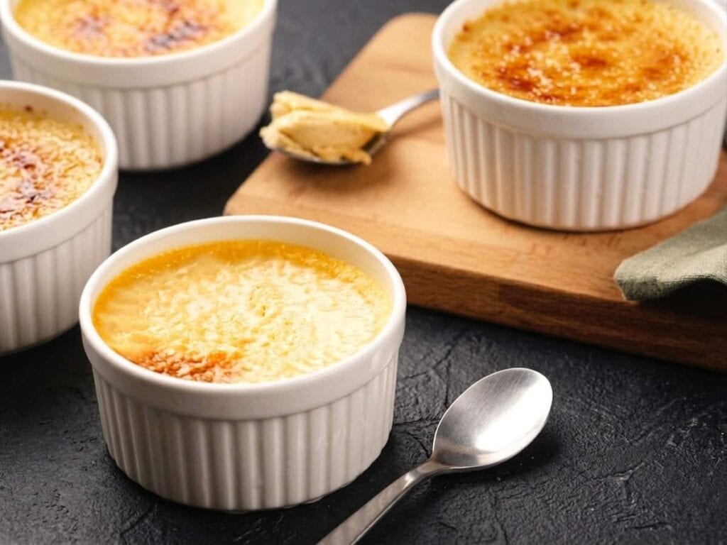 Four ramekins of custard are arranged on a dark surface, with one ramekin on a wooden board.