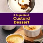 A mixing bowl with custard ingredients and ramekins filled with baked custard dessert beside a spoon on a wooden tray.