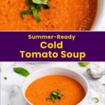 Bowl of cold tomato soup garnished with fresh basil, shown close up and from above.