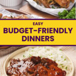 Two images show homemade meals: chicken wings with dip and herbs, and saucy pork chops with white rice. Text reads “Easy Budget-Friendly Dinners” and “quickpreprecipe.com.”.