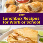 Top: Hand dips sausage roll in ketchup. Bottom: Cheese quesadilla with lime wedges. Text reads “Easy Lunchbox Recipes for Work or School” and “quickpreprecipes.com” on a yellow background.
