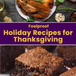 Roast turkey on a platter with herbs and garlic, brownies on a plate, and text reading “Foolproof Holiday Recipes for Thanksgiving” from quickpreprecipes.com.