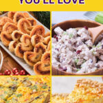 Four food dishes are displayed: savory pastry swirls, creamy salad with celery and cranberries, vegetable frittata, and a slice of cheesy quiche. Text reads, “Monday Lazy Day Recipes You’ll Love.”.